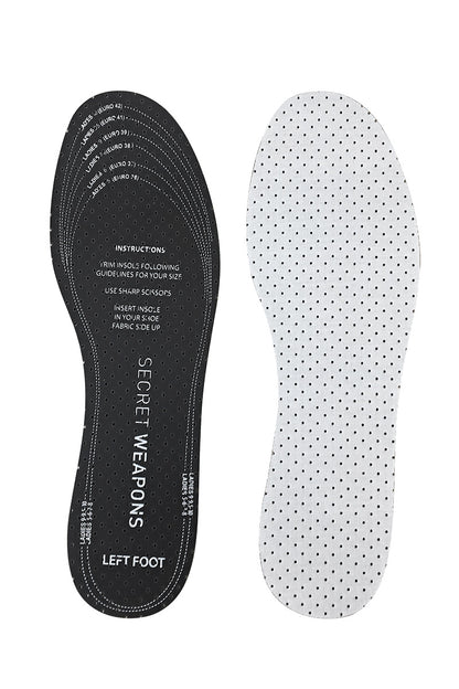 Two shoe insoles; the left has black text and size guidelines, reading “SECRET WEAPONS” and cutting instructions. The right is white with perforations. Both are flat against a white background.