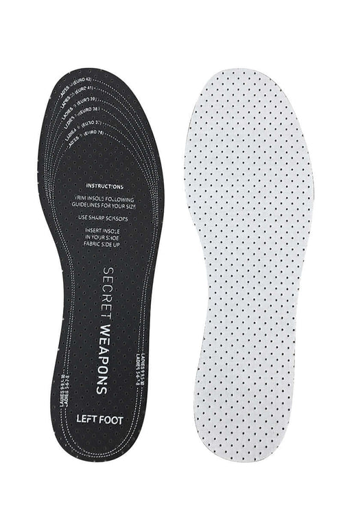 Two shoe insoles; the left has black text and size guidelines, reading “SECRET WEAPONS” and cutting instructions. The right is white with perforations. Both are flat against a white background.