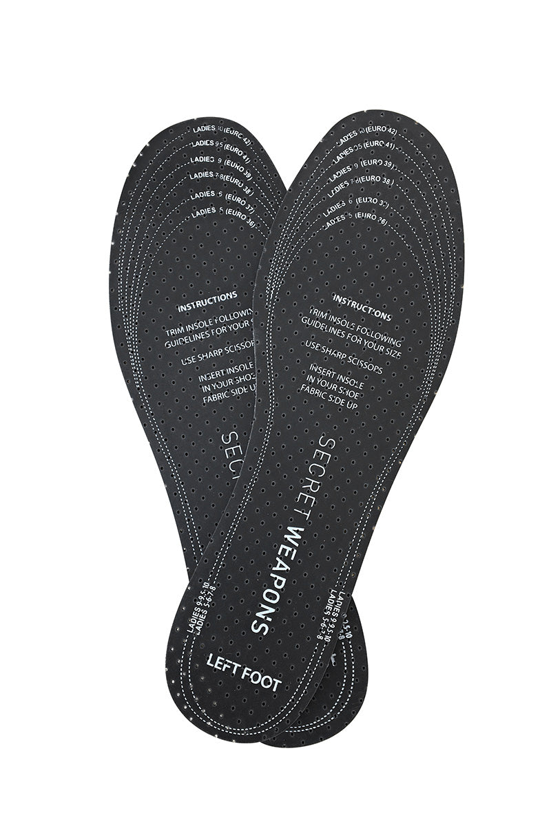 Insoles labeled "SECRET WEAPONS" with size markings, trimmed guides, and perforations, lay side-by-side. Instructions read: "Trim insoles following guidelines for your size. Use sharp scissors. Insert insole in your shoe, fabric side up."