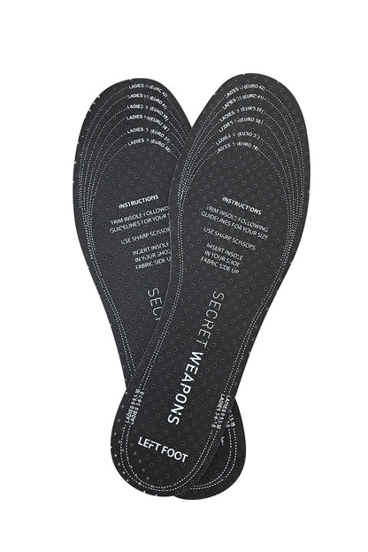 Insoles labeled "SECRET WEAPONS" with size markings, trimmed guides, and perforations, lay side-by-side. Instructions read: "Trim insoles following guidelines for your size. Use sharp scissors. Insert insole in your shoe, fabric side up."