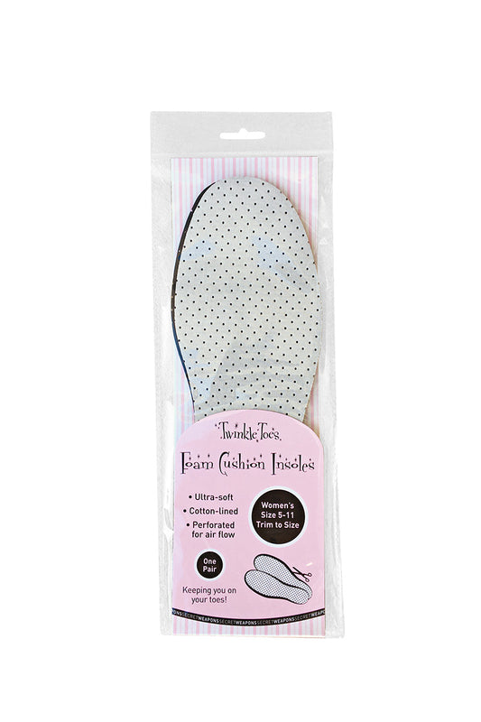Packaged foam cushion insoles with perforated cotton lining presented vertically. Text reads: "TwinkleToes Foam Cushion Insoles, Ultra-soft, Cotton-lined, Perforated for air flow. Women's Size 5-11 Trim to Size. One Pair."