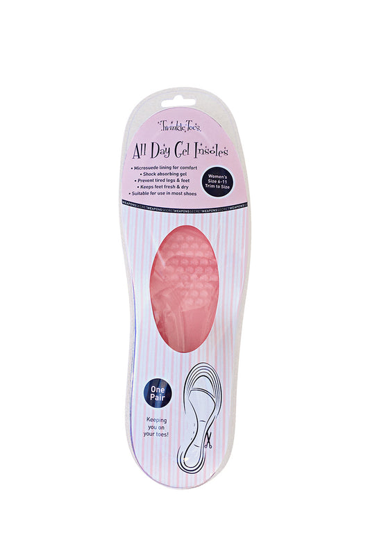 Packaging contains "Twinkle Toes All Day Gel Insoles" with microsuede lining, shock-absorbing gel, for women's size 6-11. Benefits include comfort and freshness. Text: "One Pair, Keeping you on your toes!"