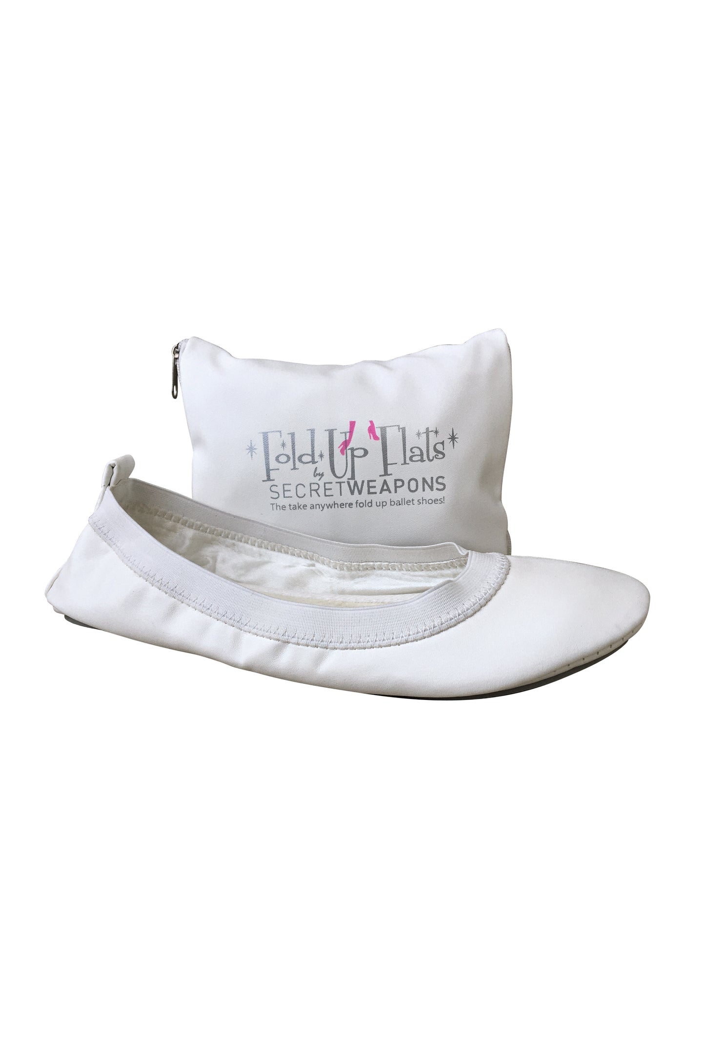 White bcolour foldable ballets flat shoes sitting in front of the carry purse against a white background.
