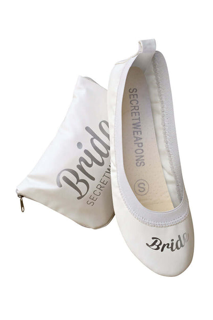 White colour Foldable Ballet Flats with BRIDE lettering and carry purse on a white background. 