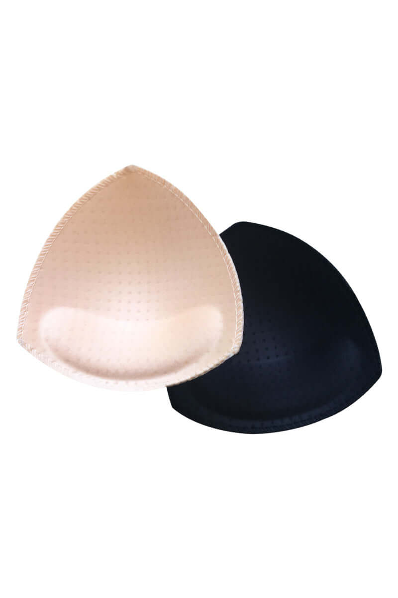 a nude and black sports bra inserts on a white background, showing the inside padding style that supports and lifts 